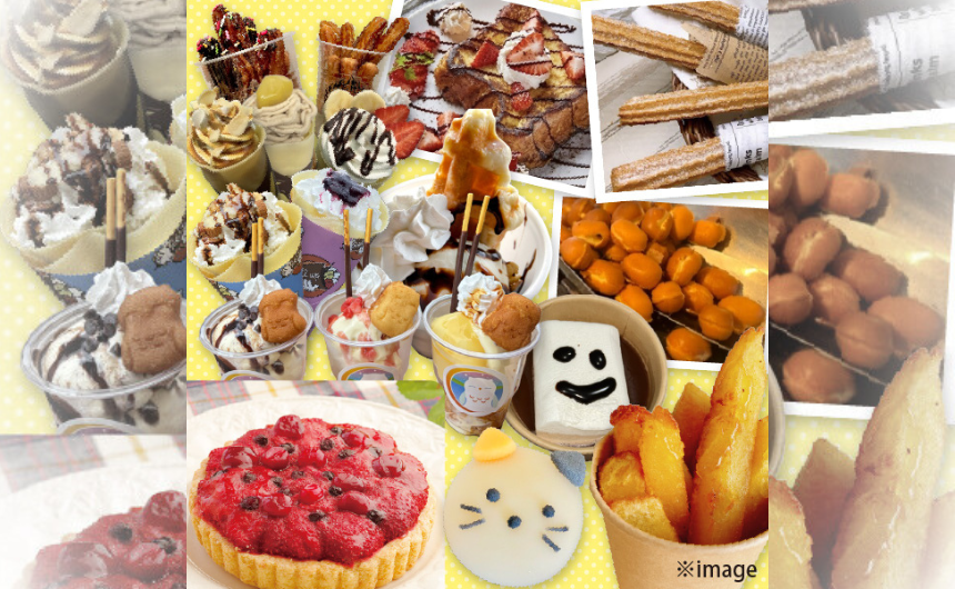 マシュマロココア、ロングチュロス、ホットパフェ、チョコがけフレンチトースト、ラズベリータルト、フレンチドーナツなど、冬にぴったりのあったかスイーツが勢揃いしたイメージ