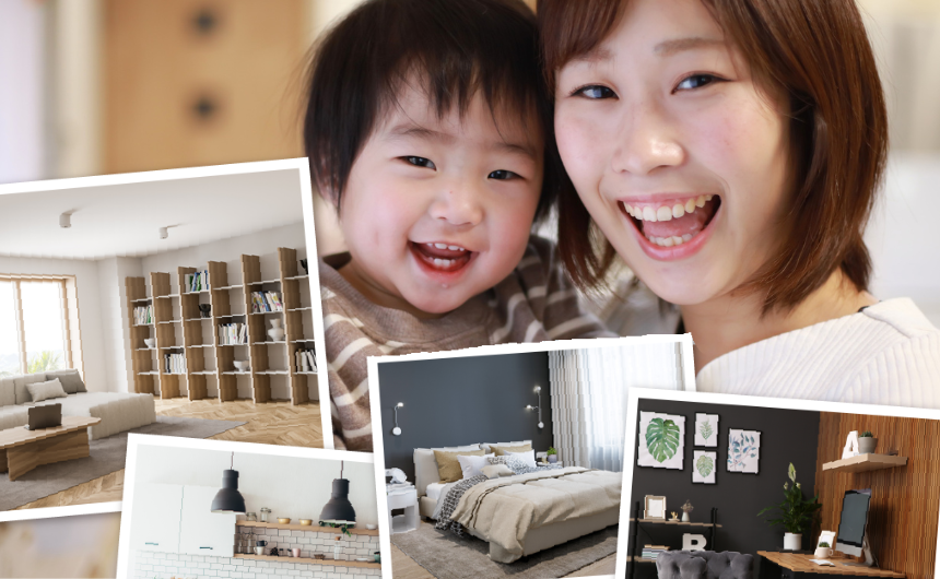 展示場のセンターハウス前で、笑顔の家族連れがイベントを楽しんでいる様子