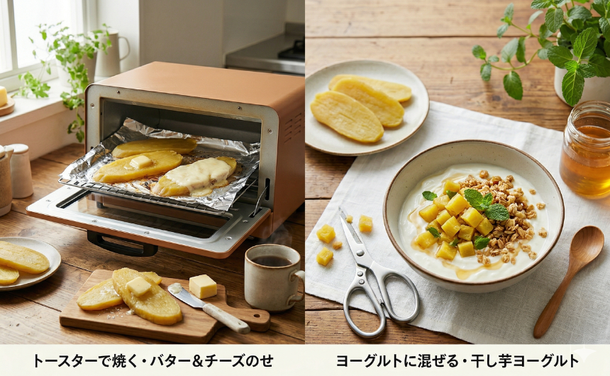 トースターでバターとチーズをのせて焼くアレンジや、小さく切ってヨーグルトに混ぜる干し芋ヨーグルトのイメージ