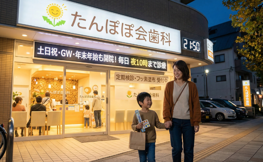 夜10時まで診療中のたんぽぽ会歯科。親子が笑顔で帰る様子。土日祝・GW・年末年始も開院。