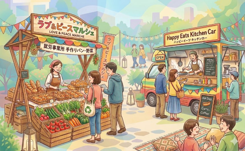 就労事業所の手作りパンや野菜が並ぶラブ＆ピースマルシェと屋外のキッチンカー