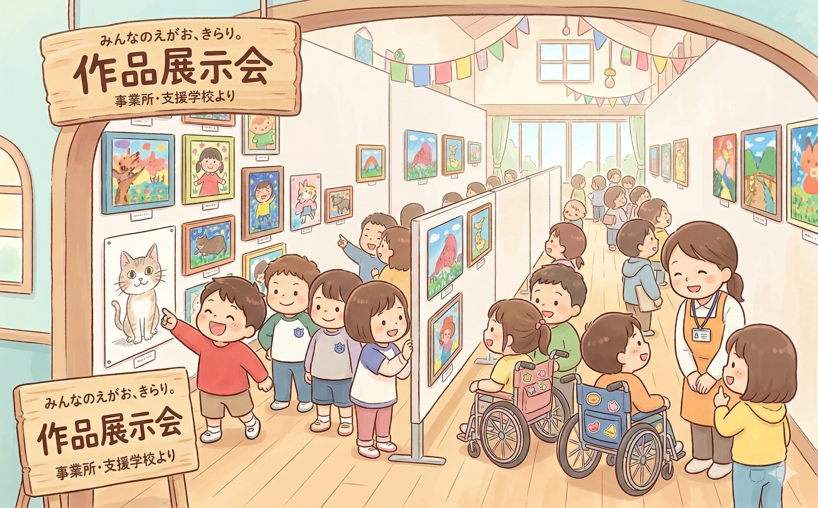 事業所や支援学校から集まった100点以上の絵画作品が並ぶ展示会場で楽しむ子どもたちの様子